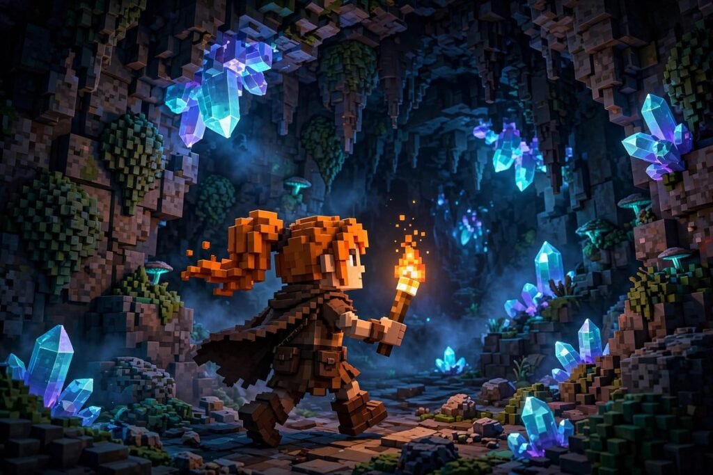 Alex Minecraft character exploring a cave with a torch