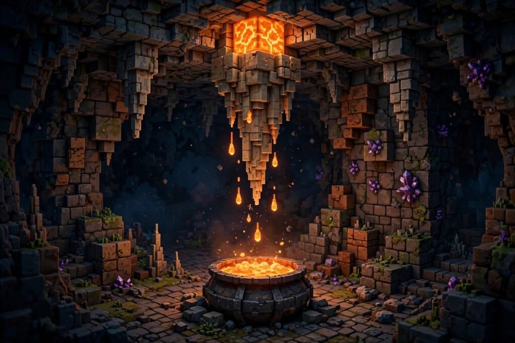 Renewable Minecraft lava source block farm using pointed dripstone and a cauldron