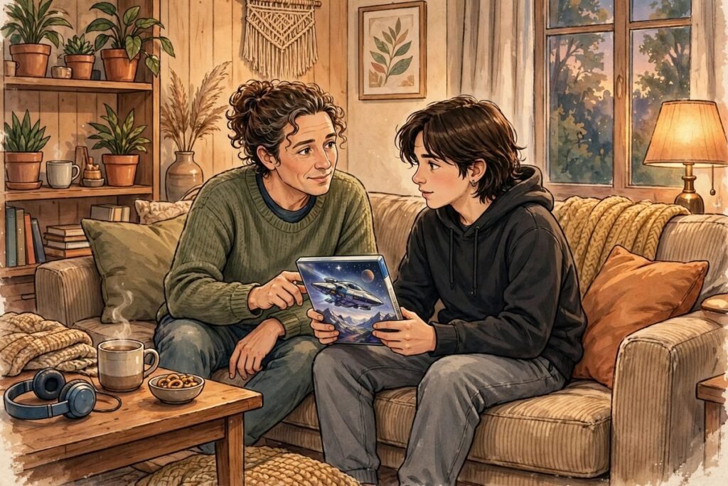 Parent and teen discussing aggressive games and ratings together
