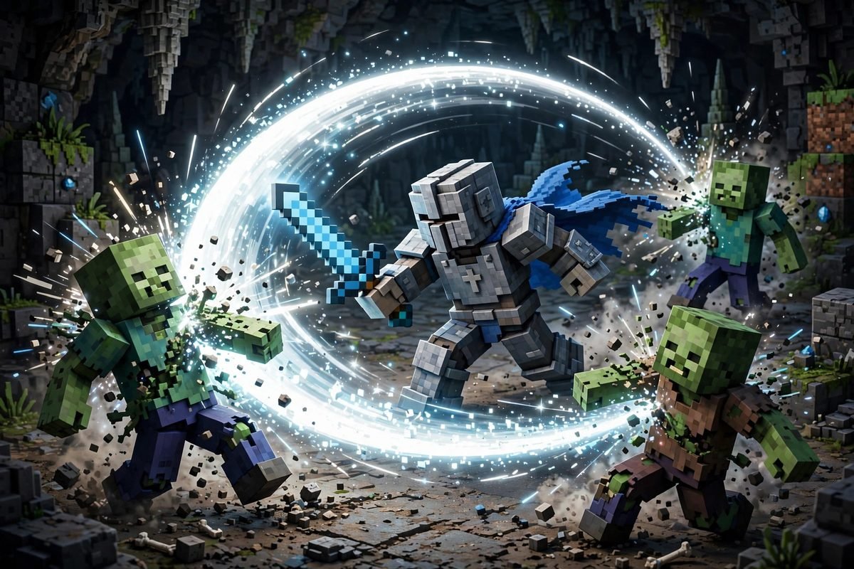 Sweeping attack Minecraft — sword sweep arc hitting multiple mobs
