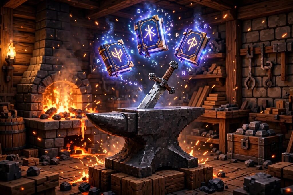 Combining sweeping edge enchantment books on an anvil in Minecraft