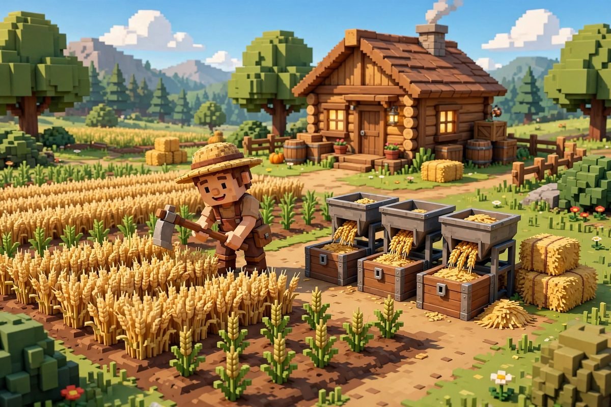 Villager-powered automatic farm in Minecraft with hoppers and chest