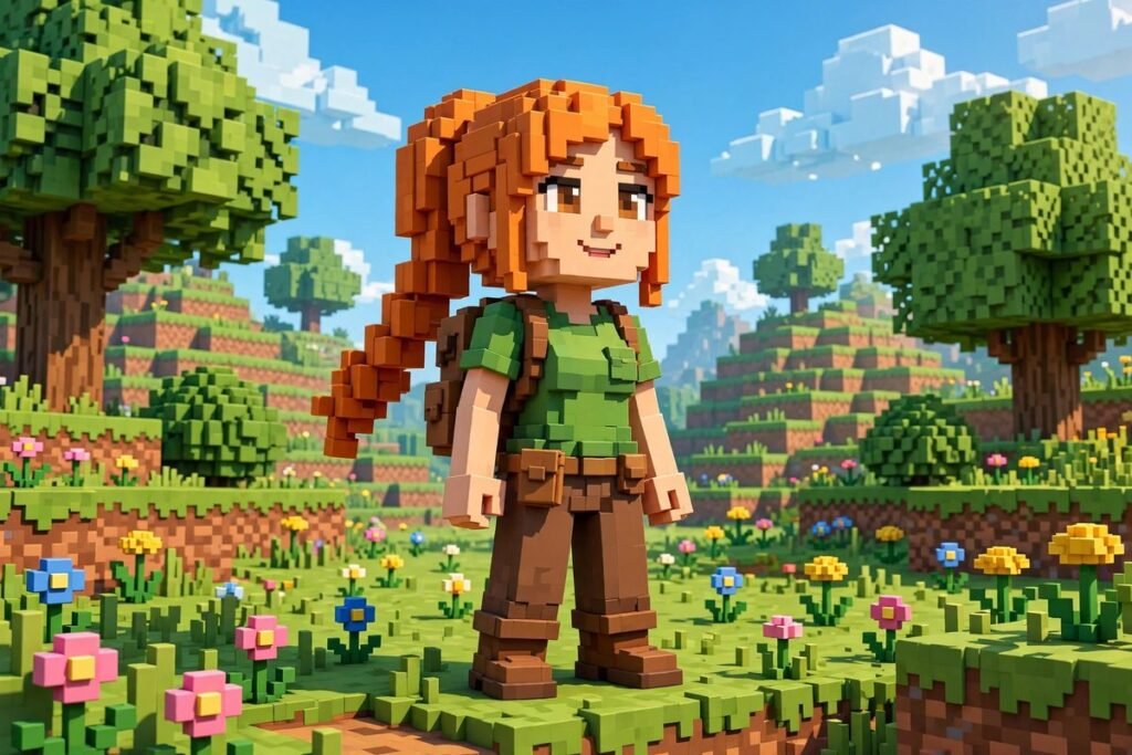 Alex Minecraft character standing in a blocky meadow