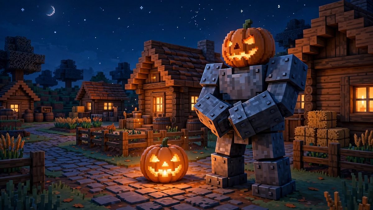 Iron golem and jack-o-lantern made from carved pumpkins in Minecraft