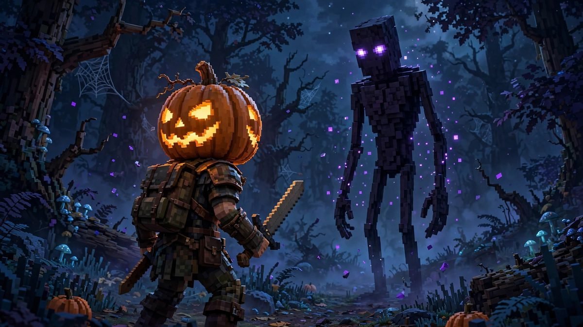 Player wearing carved pumpkin helmet facing an enderman in Minecraft