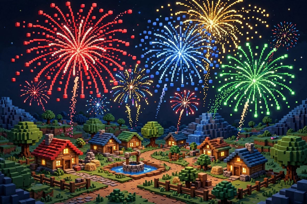 Colorful Minecraft fireworks show over a village at night