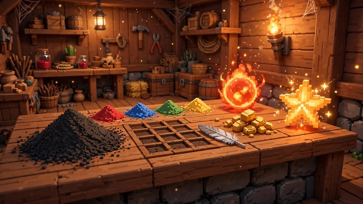 Crafting ingredients for how to make explosive fireworks in Minecraft