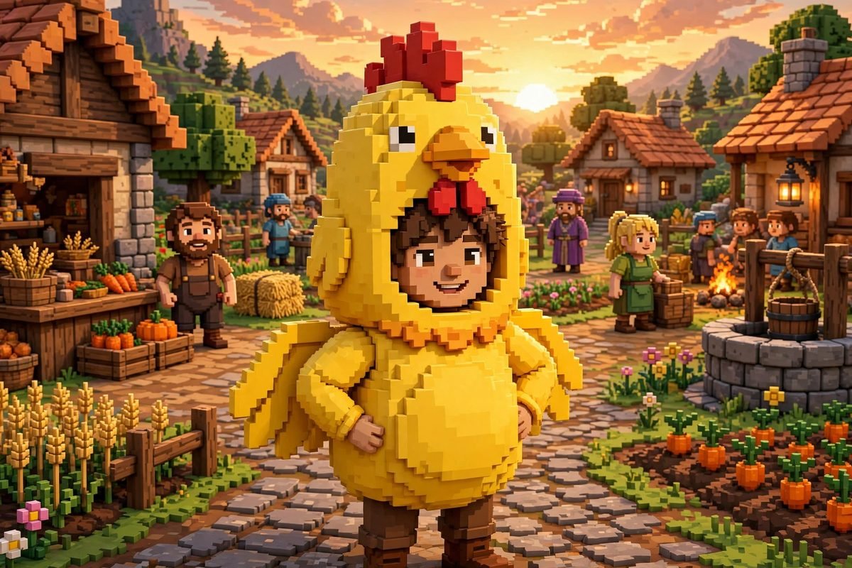 Player wearing a funny chicken suit skin in Minecraft