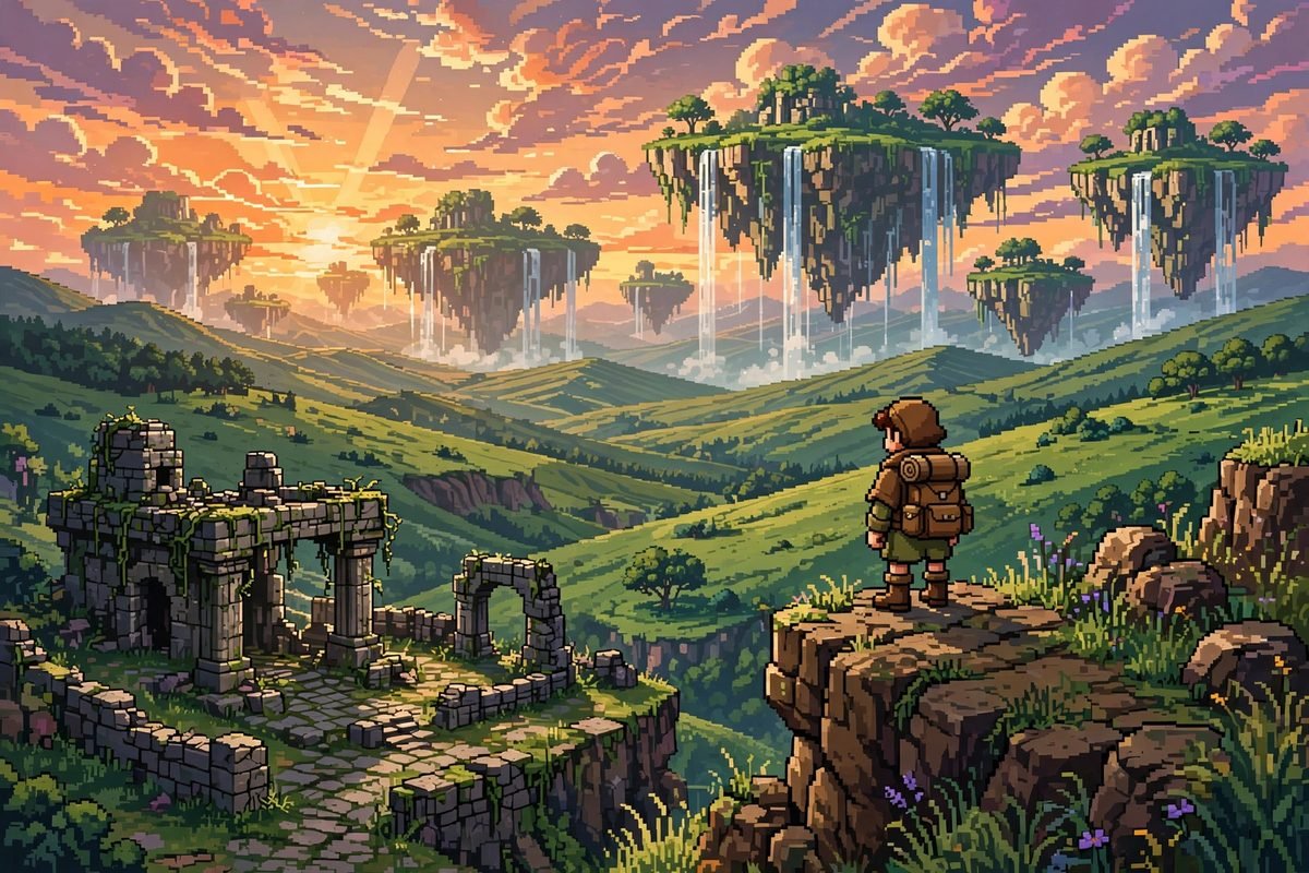 Explorer overlooking an open world in the gaming adventures PlayBattleSquare archives