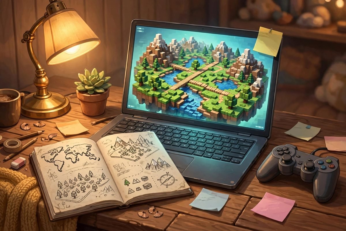 Gaming blog guide desk with game guides and controller
