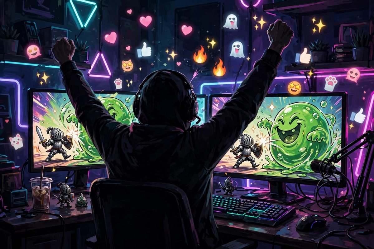 Gaming reaction GIF moment — streamer celebrating a funny win
