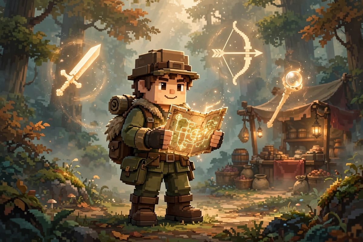 Classes missions forest shop analysis playbattlesquint — explorer with quest map in a pixel forest