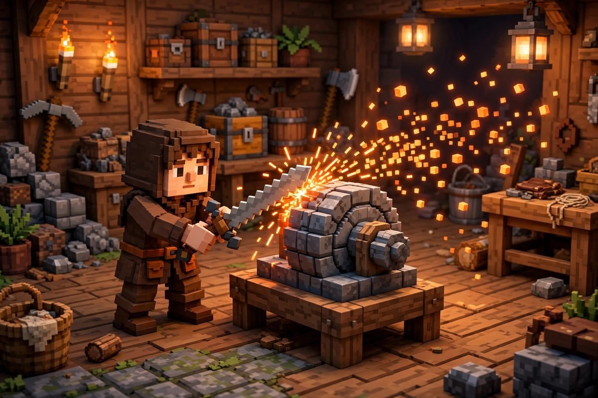 Repairing a sword at a grindstone in Minecraft