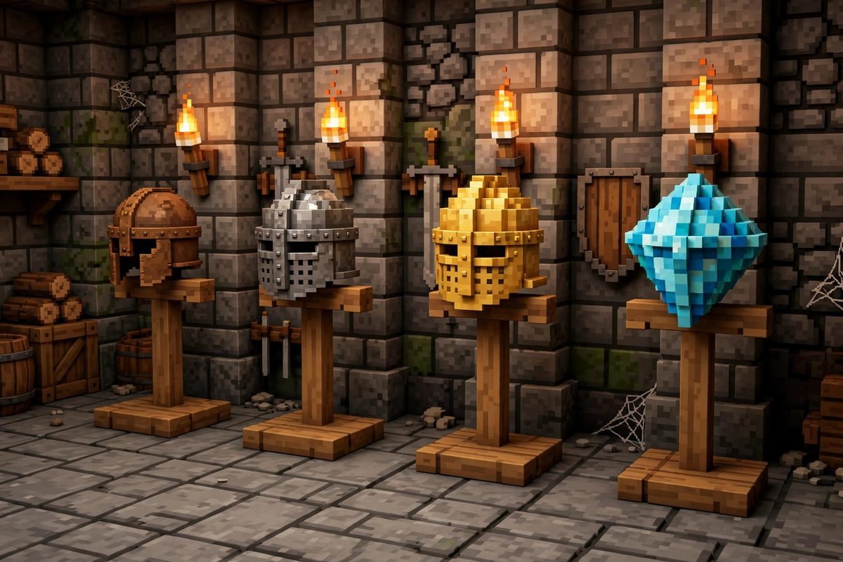 Minecraft armor helmet lineup from leather to diamond