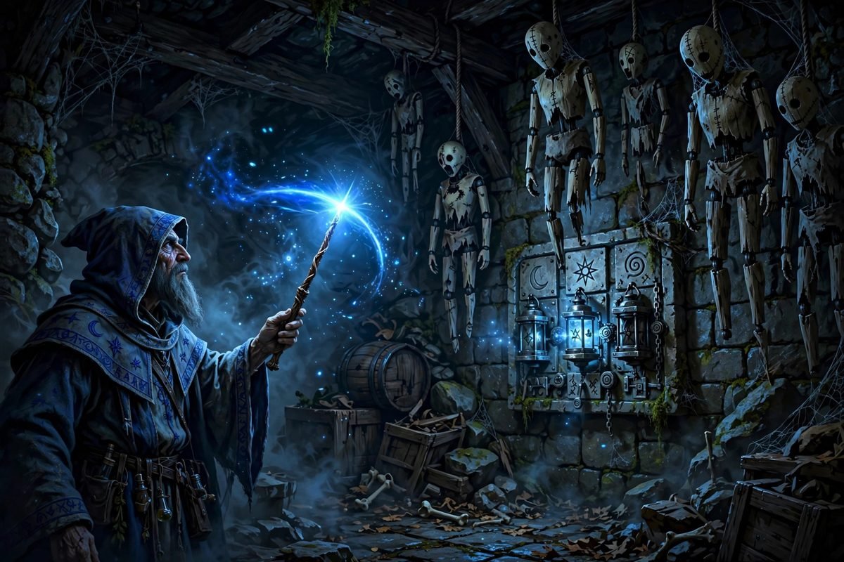 Minding your own business Hogwarts Legacy walkthrough — wizard in a haunted cellar with mannequins