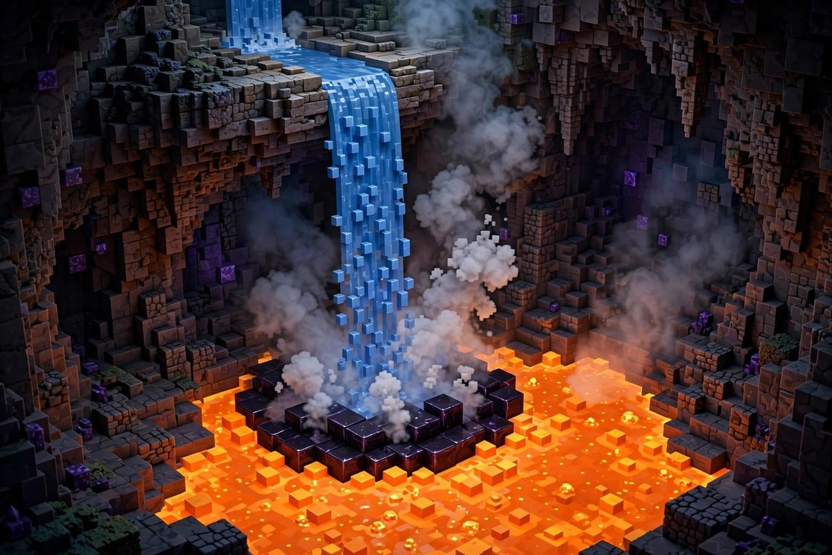 Lava block turning into obsidian where water meets it