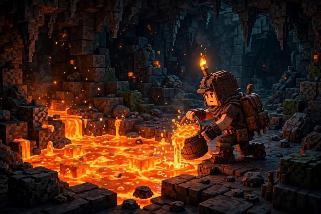 Collecting a Minecraft lava source block with a bucket