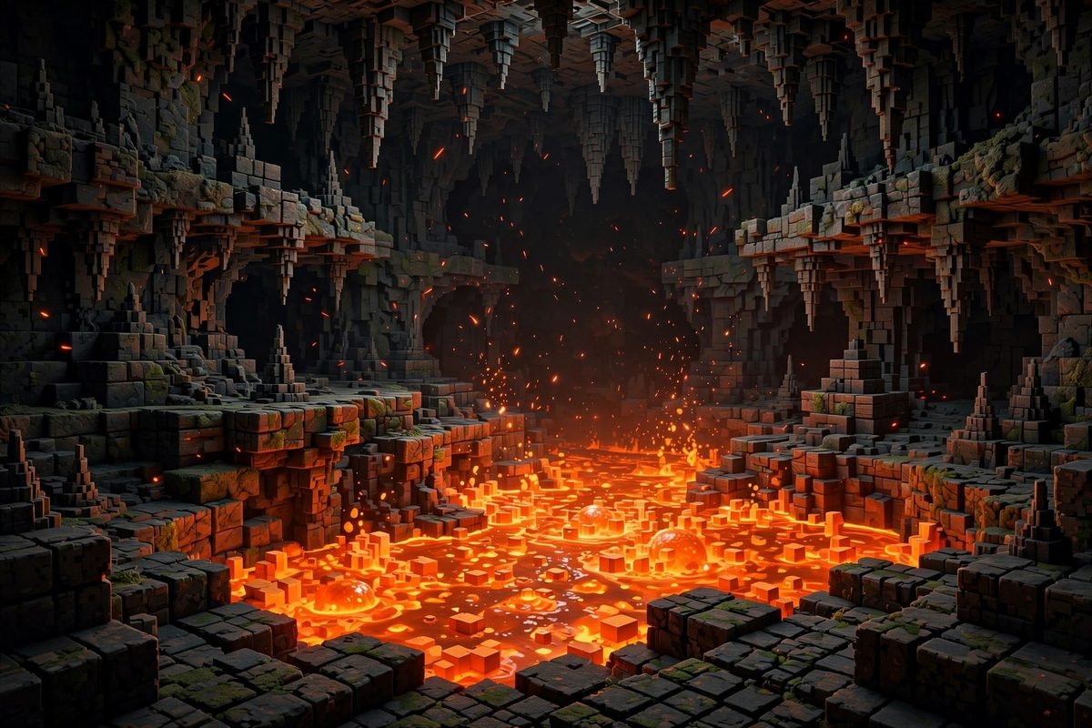 Minecraft lava block glowing in a dark cave