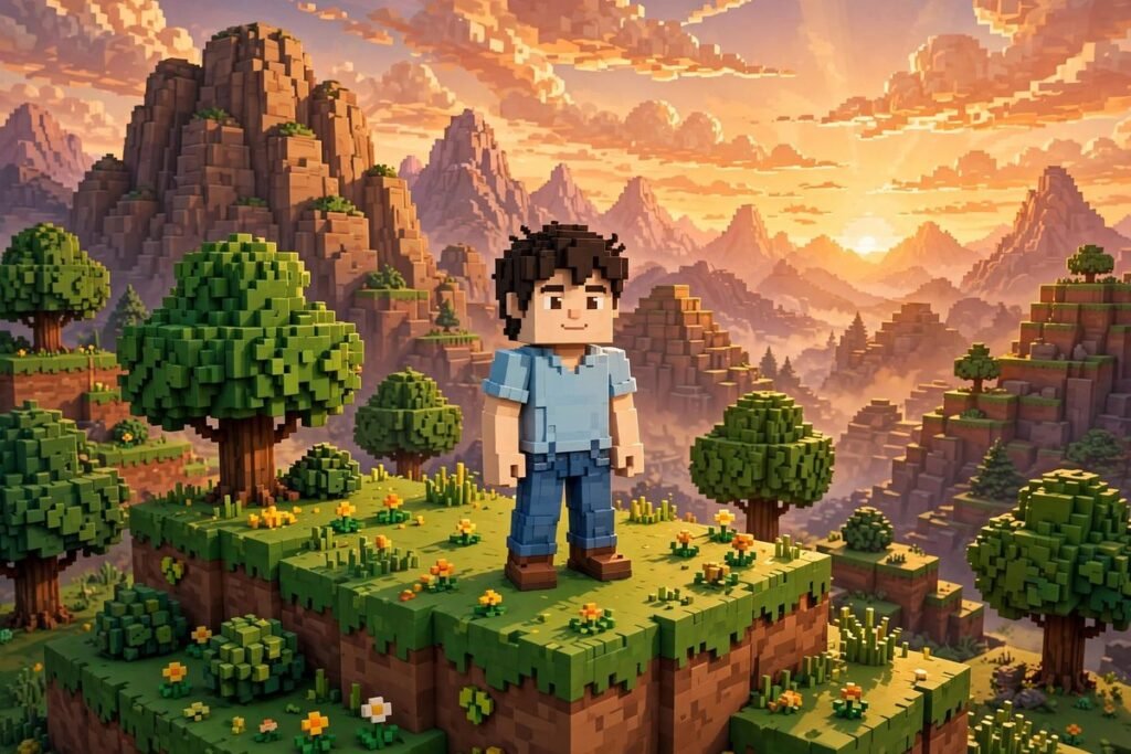 Minecraft main character Steve standing in a blocky landscape