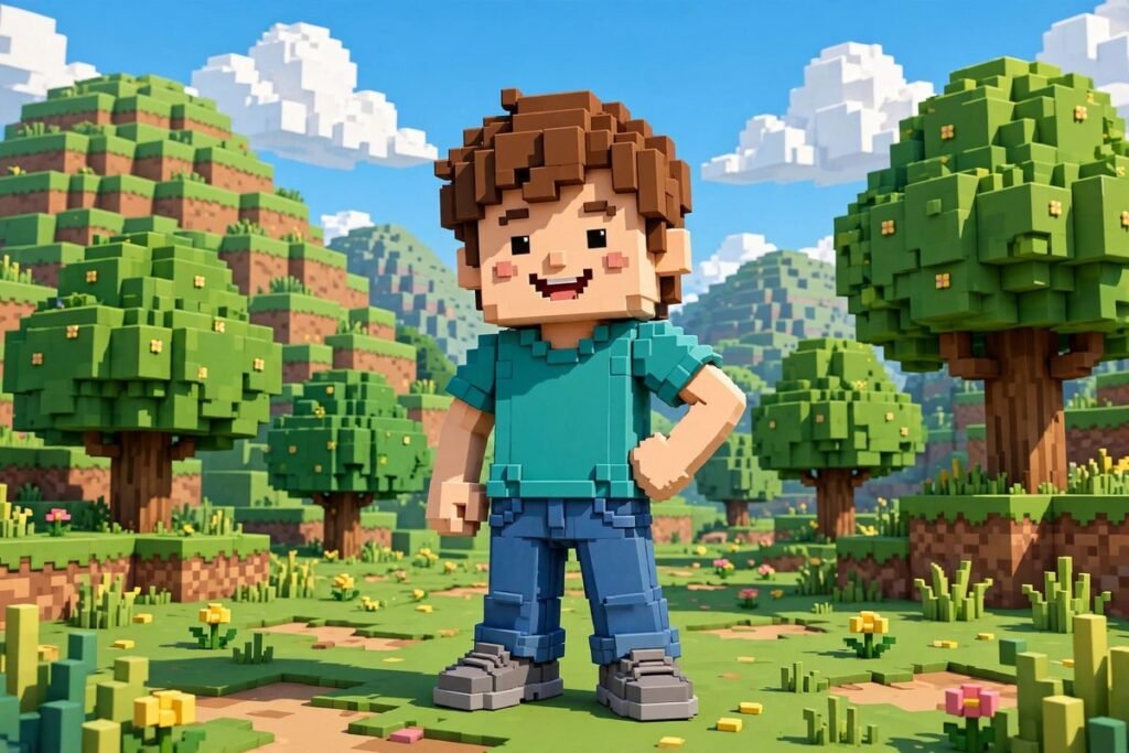 Minecraft Steve character in a blocky landscape