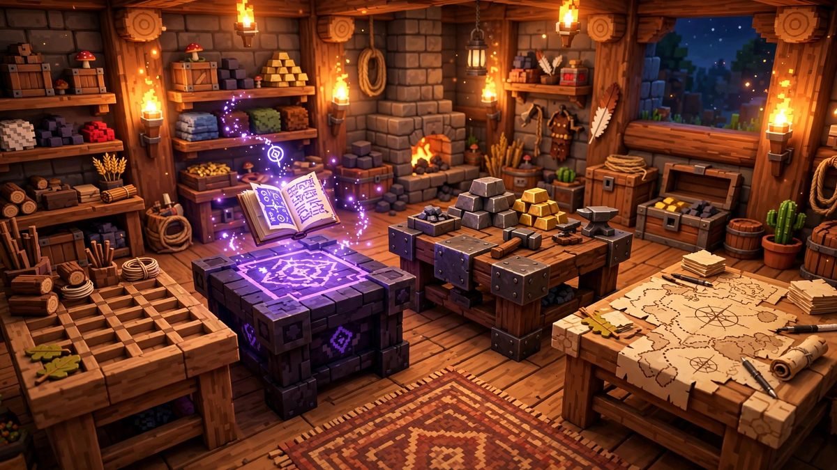 Every table in Minecraft arranged in a workshop