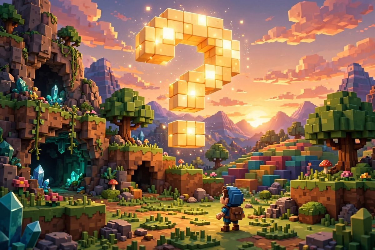 Is there a Minecraft Two — giant question mark over a blocky landscape