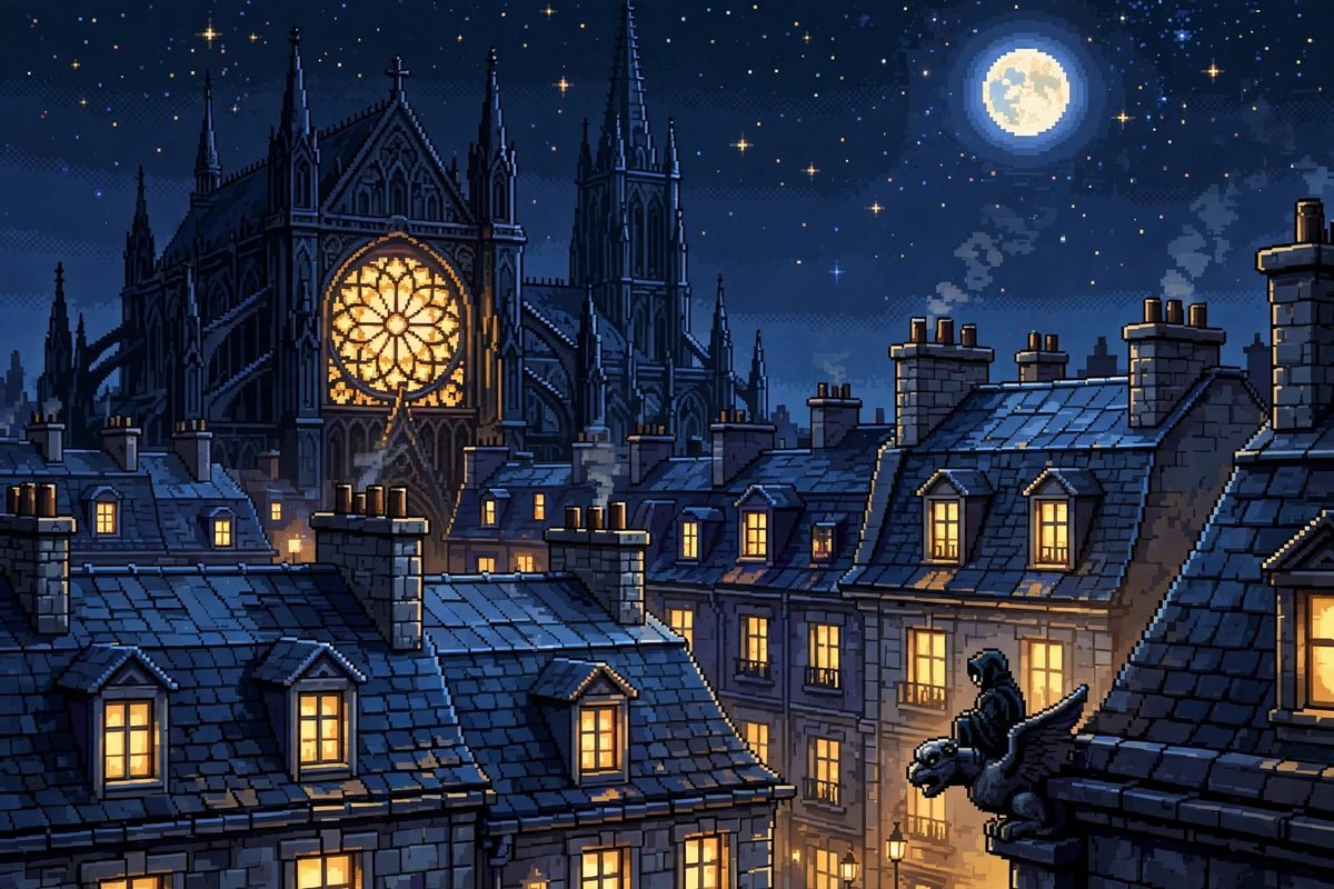 PlayBattleSquare exploring Paris after dark over pixel-art rooftops