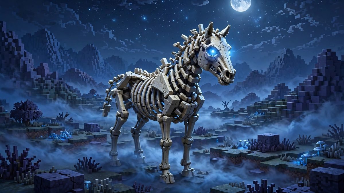 Skeleton horse in Minecraft standing in moonlight