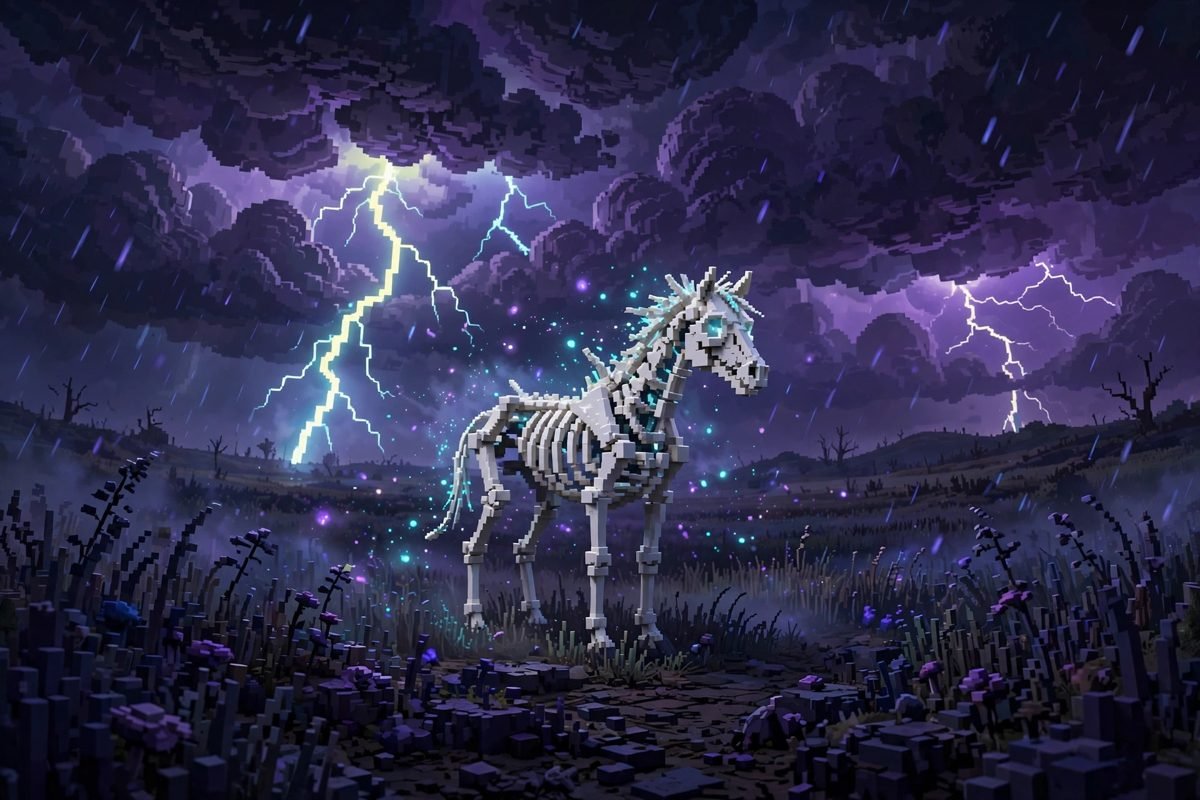 How rare is a skeleton horse in Minecraft — lone skeleton horse in a thunderstorm
