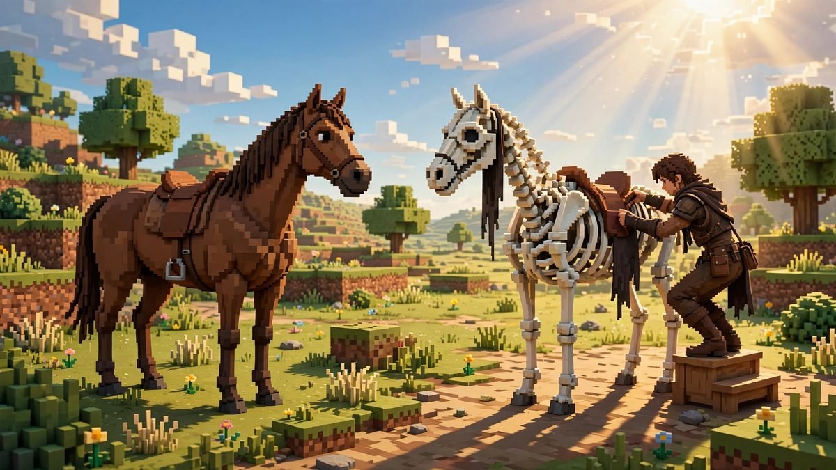 Skeleton horse in Minecraft compared with a regular horse