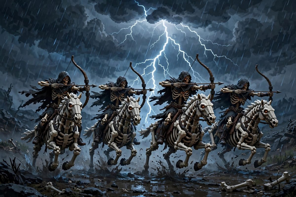 Four skeleton horsemen charging through a lightning storm