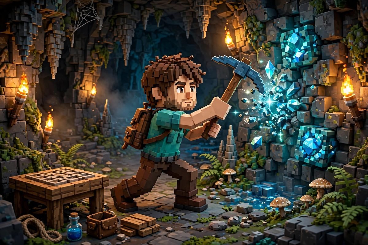 Block Steve mining adventure in a cave